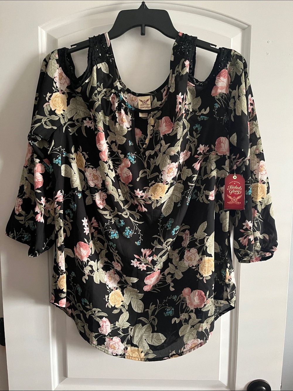 Faded Glory Black Floral Cold-Shoulder Blouse with Pink & Yellow Roses